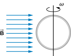 Figure shows a circular loop of wire mounted on a vertical shaft and rotated in a region of uniform magnetic field perpendicular to the axis of rotation.