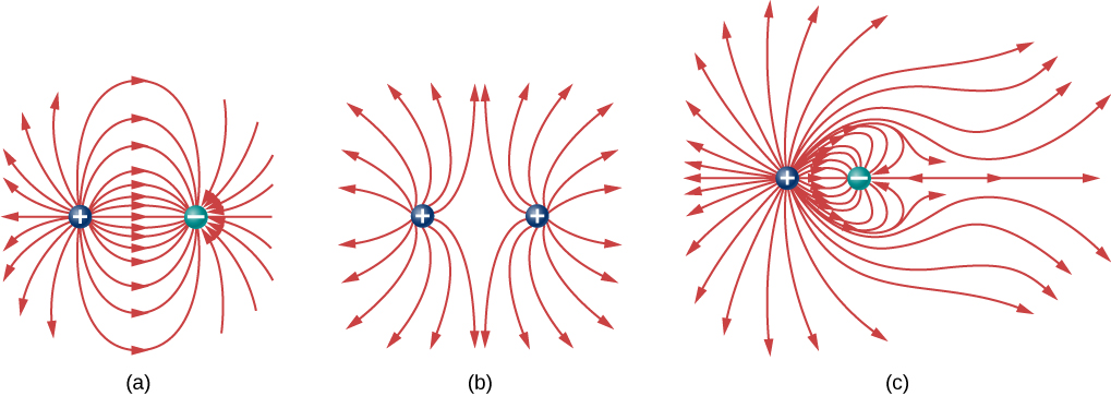 Three pairs of charges and their field lines are shown. The charge on the left is positive in each case. In part a, the charge on the right is negative. The field lines are represented by curved arrows starting at the positive charge on the left, curving toward and terminating at the negative charge on the right. Between the charges, the field lines are dense. In part b, the charge on the right is positive. The field lines represented by curved arrows start at each of the positive charges and diverge outward. Between the charges, the field lines are less dense, and there is a black region midway between the charges. In part c, the charge on the right is negative. The field lines start at the positive charge. Some of the lines, those that start closest to the negative charge, curve toward the negative charge and terminate there. Lines that start further from the negative charge curve toward it but then diverge outward. There is an area with very low density of lines to the right of the pair of charges.