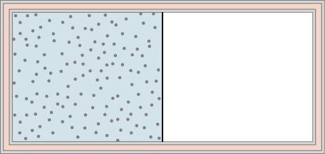 The figure is an illustration of a container with a partition in the middle dividing it into two chambers.  The outer walls are insulated. The chamber on the left is full of gas, indicated by blue shading and many small dots representing the gas molecules. The right chamber is empty.