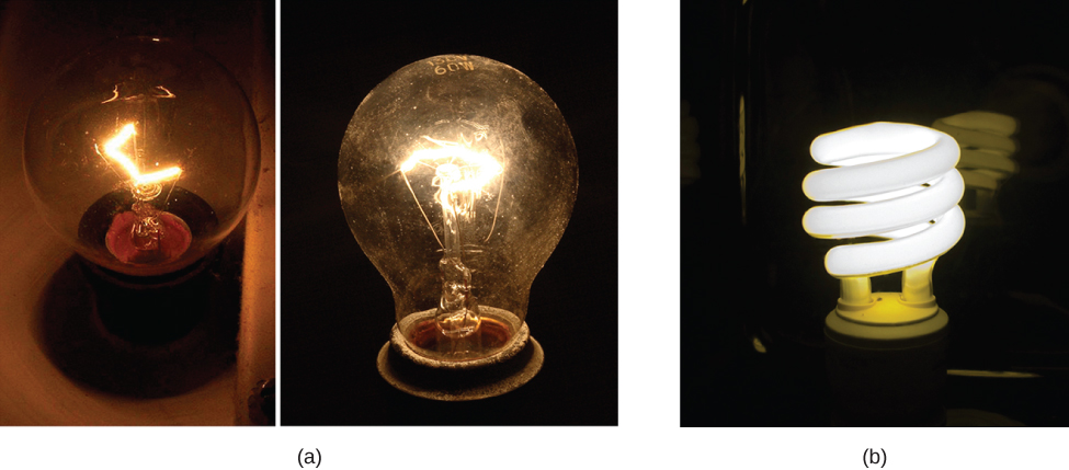 Picture A shows photographs of two glowing incandescent bulbs. Picture B shows photograph of glowing compact fluorescent light bulb.