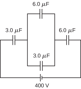 Figure shows a 400 volt dc source that one end is connected to a 3 micro Farad capacitor. Then the other end of the 2 micro Farad capacitor connects to a split where one capacitor of 3.0 micro Farads is on one branch while a 6.0 micro Farad is connected to the other branch. After this split, the wires reconnect and connect to a 6 micro Farad capacitor. This last capacitor is then connected to the other end of the dc source.