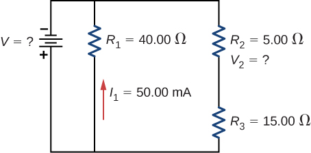 The negative terminal of voltage source V is connected to two parallel branches, one with resistor R subscript 1 of 40 Ω with downward current I subscript 1 of 50 mA and second with R subscript 2 of 5 Ω in series with R subscript 3 of 15 Ω.