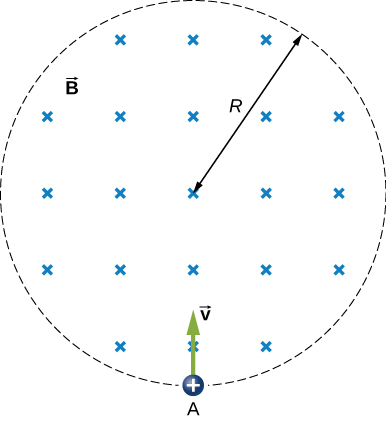 Figure shows a proton carried into a uniform magnetic field with a radius R.