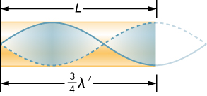 Picture is a diagram of the resonance for a tube closed at one end. The standing wave has maximum air displacement at the open end and none at the closed end. The standing wave has three-fourths of its wavelength in the tube.