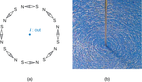 Figure A shows a circle formed by the small compass needles aligned with Earth’s magnetic field. Figure B shows that iron filings sprinkled on a horizontal surface around a long wire delineate the field lines.