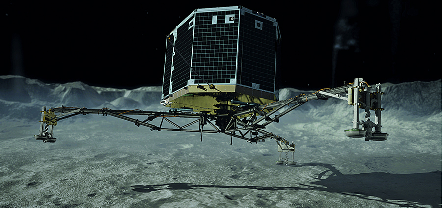 An artist’s rendering of Philae landing on a comet.