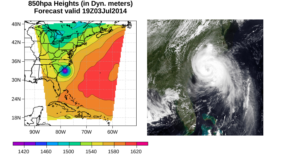 Left figure is a pressure map of Hurricane Arthur travelling up the East Coast. The low pressure center is indicated as the blue dot. Right figure is a satellite photo of Hurricane Arthur travelling up the East Coast of the United States.