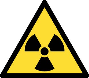 A yellow triangle with a black outline, enclosing a fan shaped structure is shown. The “fan” is black and has three blades.